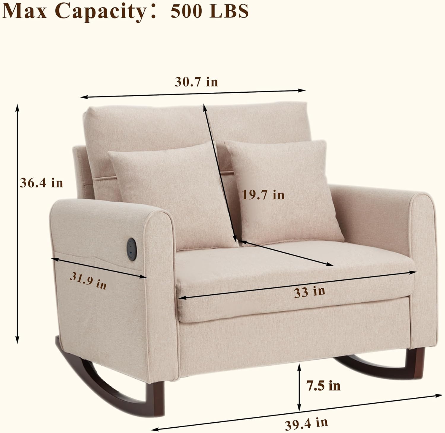HOMREST Upholstered Oversize Rocking Chair, Nursery Rocking Chair with High Back and Side Pocket USB Port, Double Wide Rocker Armchair with Rubber Wood Legs for Living Room, Bedroom, Nursery, Beige