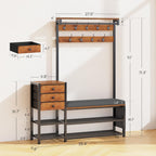 Entryway Hall Tree with Bench, Shoe Storage, Soft Cushion, 3 Fabric Drawers and Storage Bag, 7-in-1 Coat Rack for Hallway, Rustic Brown