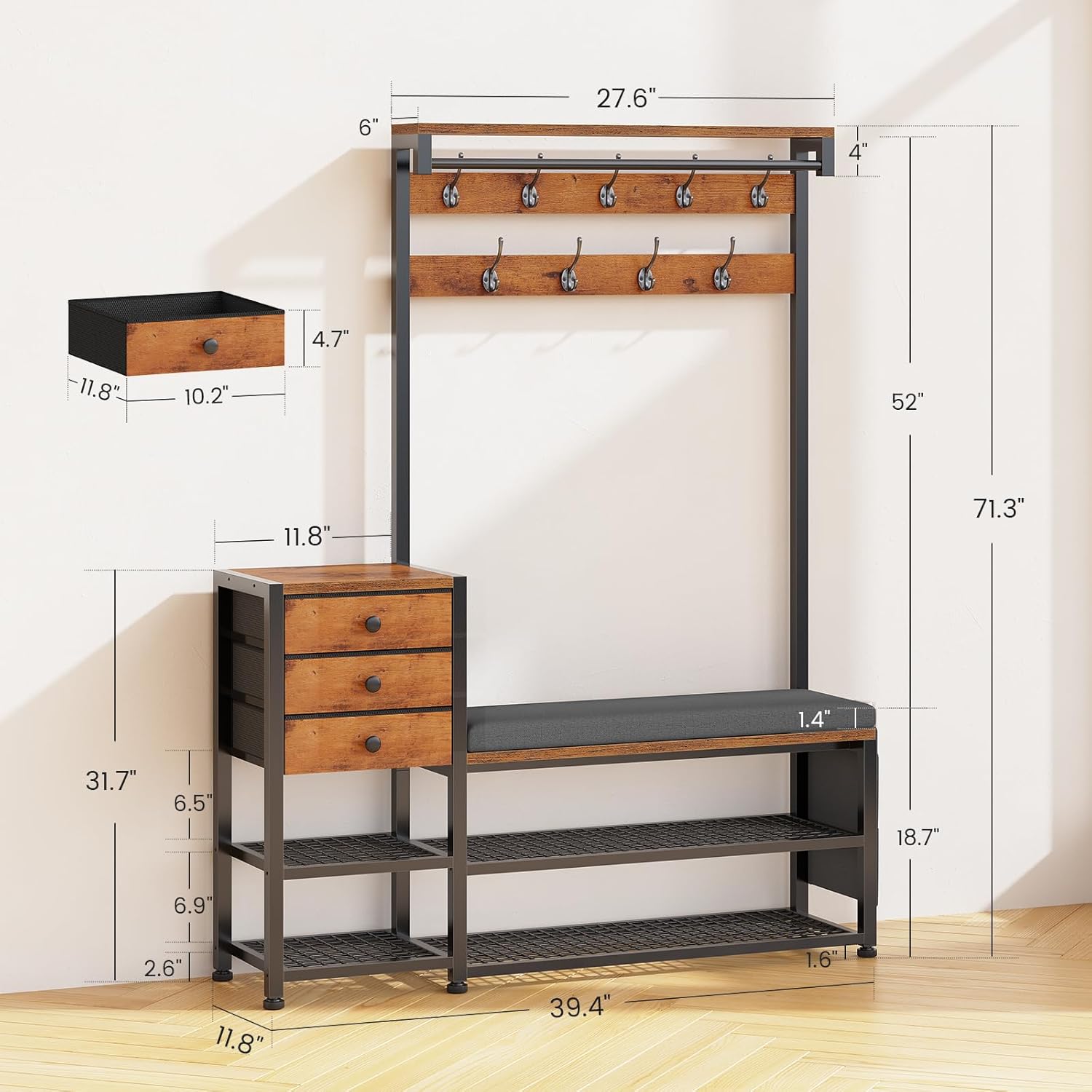 Entryway Hall Tree with Bench, Shoe Storage, Soft Cushion, 3 Fabric Drawers and Storage Bag, 7-in-1 Coat Rack for Hallway, Rustic Brown