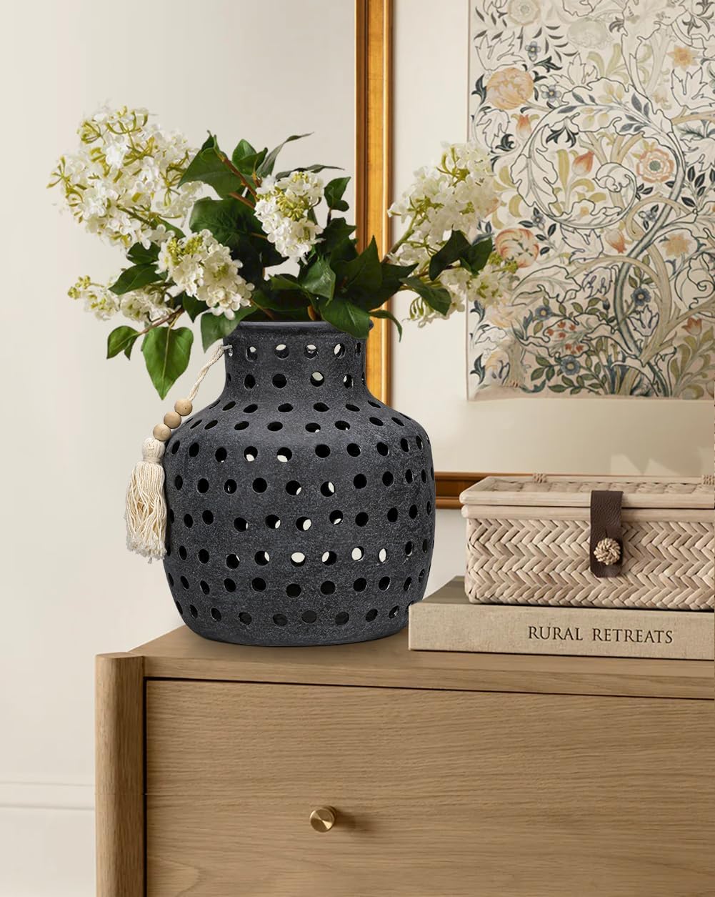 Ceramic Flower Vase Home Decor - 10 Inch Rustic Hollow Black Pottery Vase Modern Farmhouse Vintage for Centerpieces House Living Room Dining Table Shelf Mantel Decoration