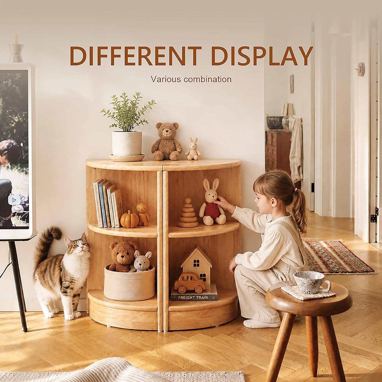 Rubber Wood Corner Cabinet, 2-Tier Kids Montessori Shelf, Toy Organizers and Storage Book Shelf for Playroom, Nursery, Kids Room, Kindergarten