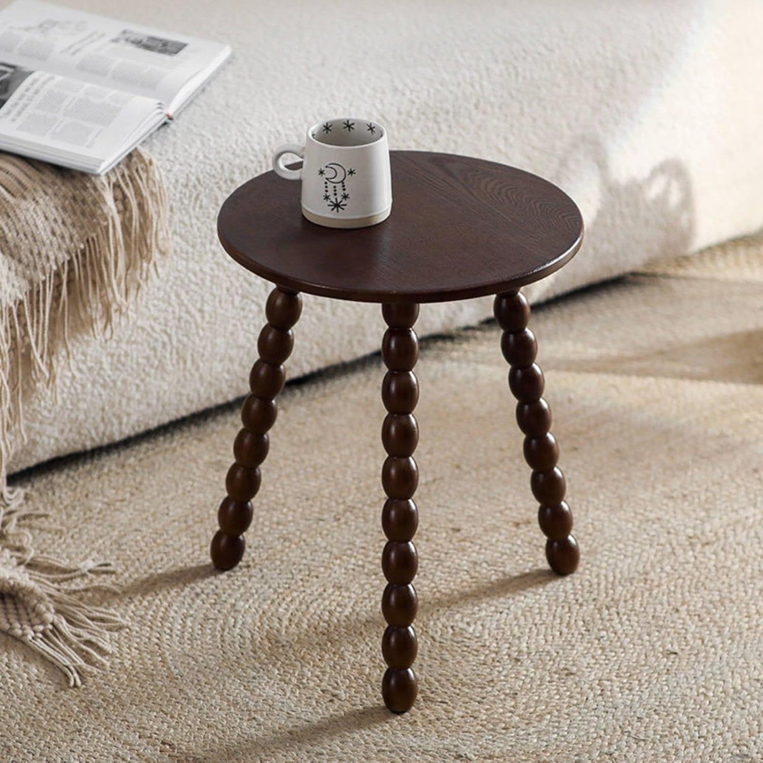 Round Bobbin Leg Table Smooth Rounded Edges Bobbin Leg Side Table Anti-Slip Feet Vintage Design Nightstand for Living Room, Bedroom, Walnut