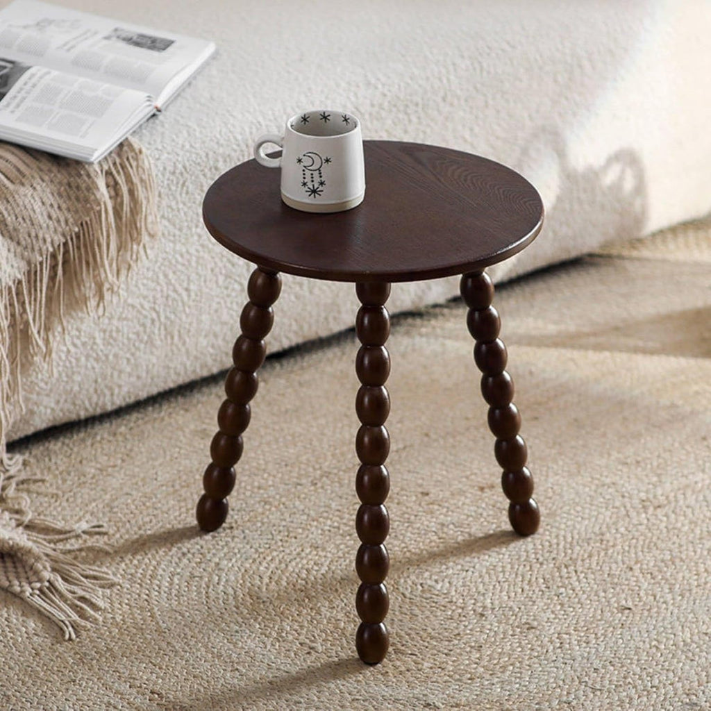 Qianly Round Bobbin Leg Table Solid Wood Bobbin Leg Side Table Space Saving Vintage Design Nightstand for Living Room, Bedroom, White