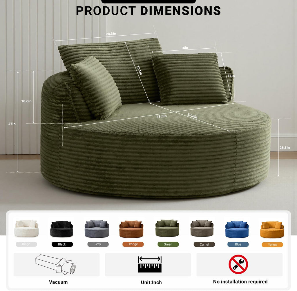 ivoros Oversized Round Lounge Chair Indoor, Corduroy Upholstered Deep Seat Cloud Circle Sofa Chair, Fluffy Boneless Sleeper Chair for Reading & Lounging, No Assembly Required (Green)
