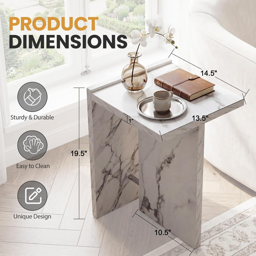 Modern End Table with Faux Marble Finish, White Marble Vein Side Table, Space Saving Sofa Accent Table, Small Nightstand Table for Living Room, Bedroom, Small Apartment