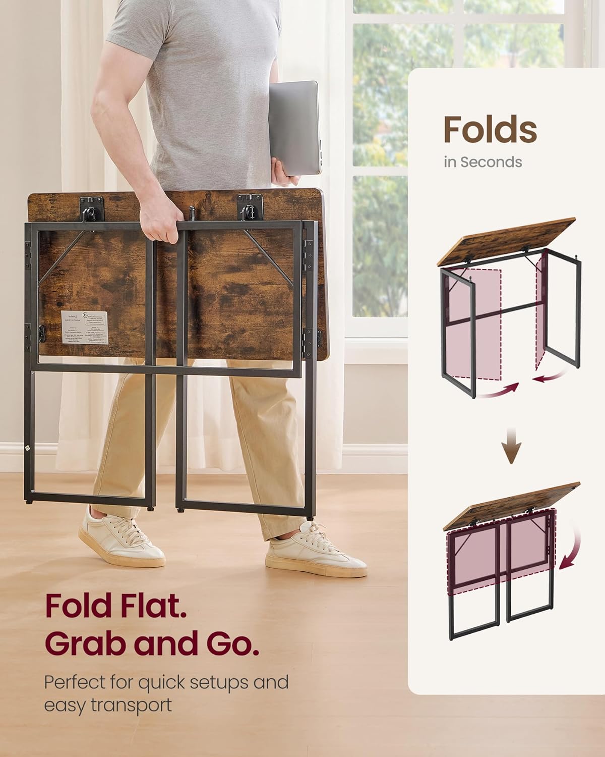 VASAGLE Folding Desk, Foldable Computer Desk, One-Piece Desktop, Rounded Edges, Small Folding Craft Table for Bedroom, Balcony, Camping, Easy Assembly, 31.5 x 15.7 Inches, Rustic Brown ULWD151KD01