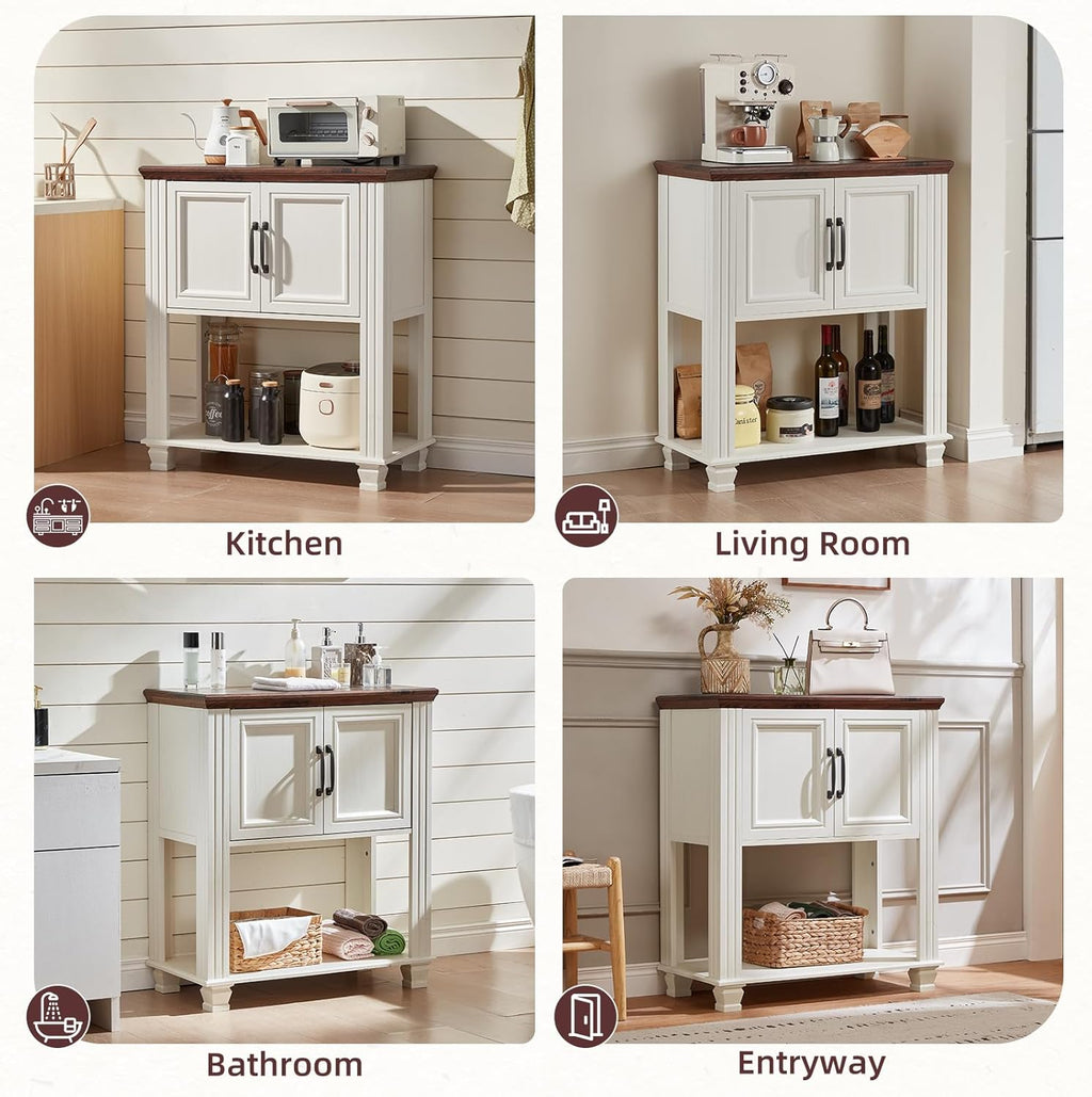 SAVOR LIFE Farmhouse Coffee Bar Table with 2-Door Cabinet, Kitchen Storage Cabinets with Open Shelf, Coffee Station for Dining Room, Kitchen, Hallway, Living Room, White