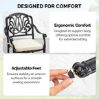 VINGLI Patio Chairs Set of 2 - Stackable Outdoor Cast Aluminum Dining Chairs with Vintage Black Finish and Floral Pattern, Metal Armchairs for Poolside, Backyard, Balcony (with Cushion)