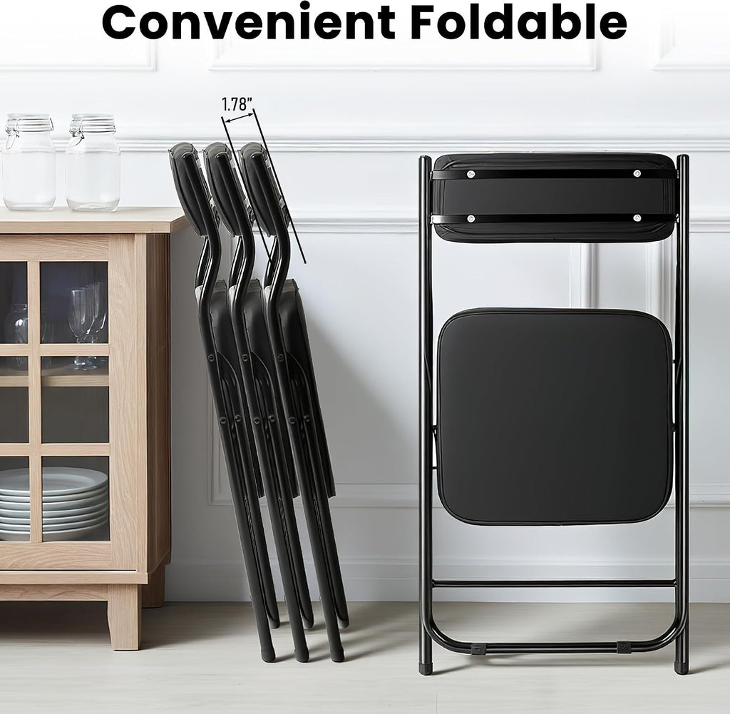 4 Pack Black Padded Folding Chairs with PU Leather Cushion and Backrest, Upholstered Foldable Dining Chair with Metal Frame for Indoor Outdoor Party Wedding Office Events, 380lbs Capacity