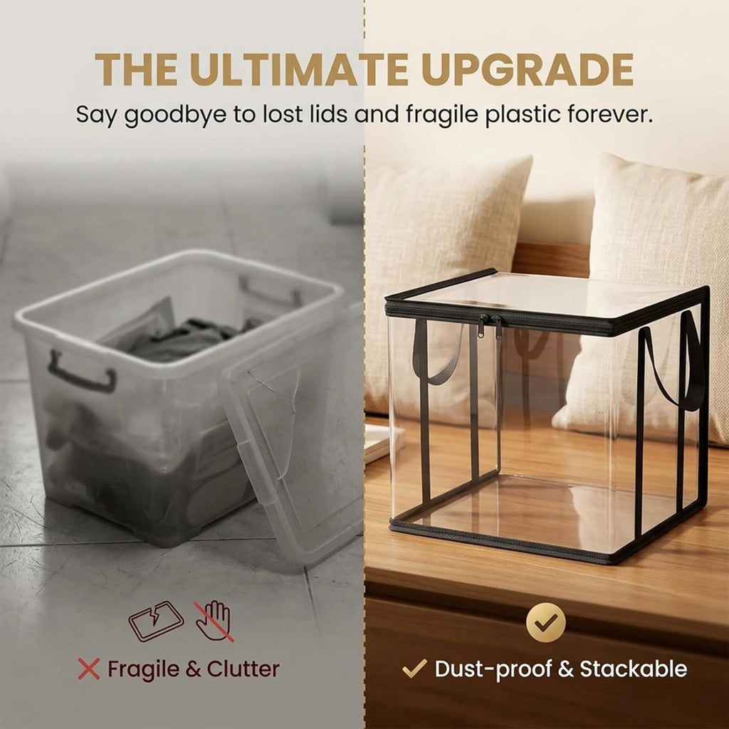SakerPlus Large Clear Thick Plastic Storage Box with Hinged Lid, 15 inch Thick Plastic Book Storage Bin, Stackable Collapsible Organizer Container for Books, Files, Magazines, Bedroom (Black *3)