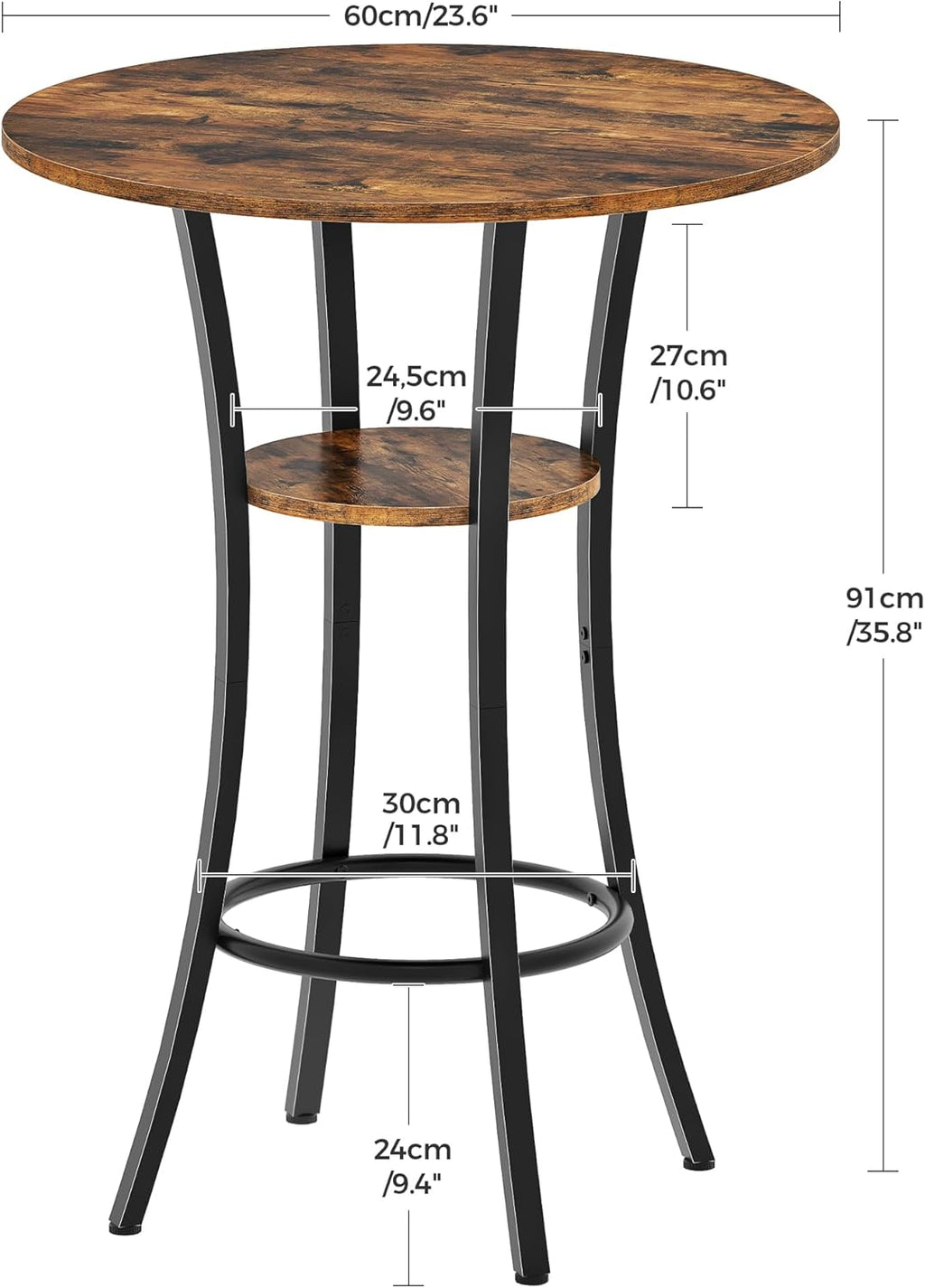 CHOEZON Round Bar Table, 2-Tier High Top & Counter Height Dining Table, for Bistro, Pub, Kitchen, Living Room, Rustic Brown and Black TBT03BF