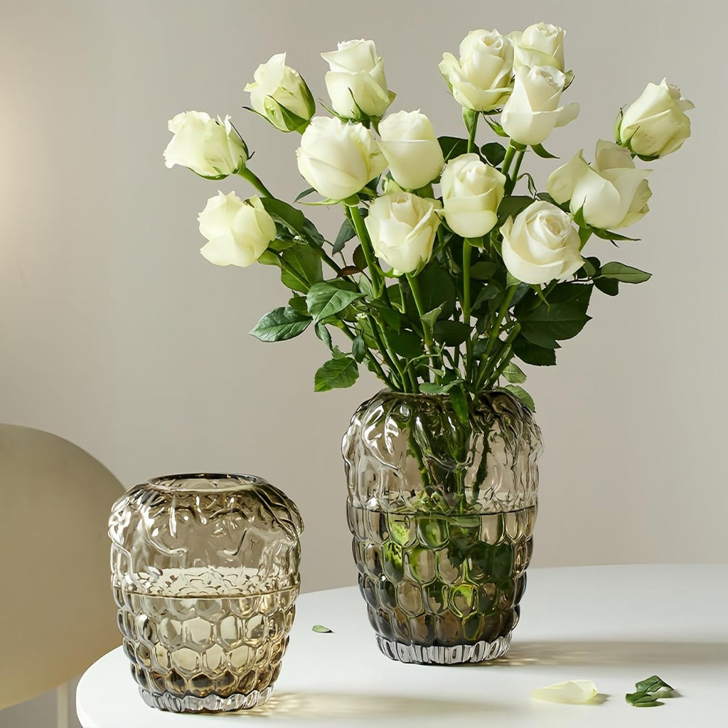 Lvases Amber Bubble Textured Nordic Modern Clear Glass Flower Vase | Minimalist glass vessel for fresh cut floral arrangement, table center decor for living room dining shelf indoor home display