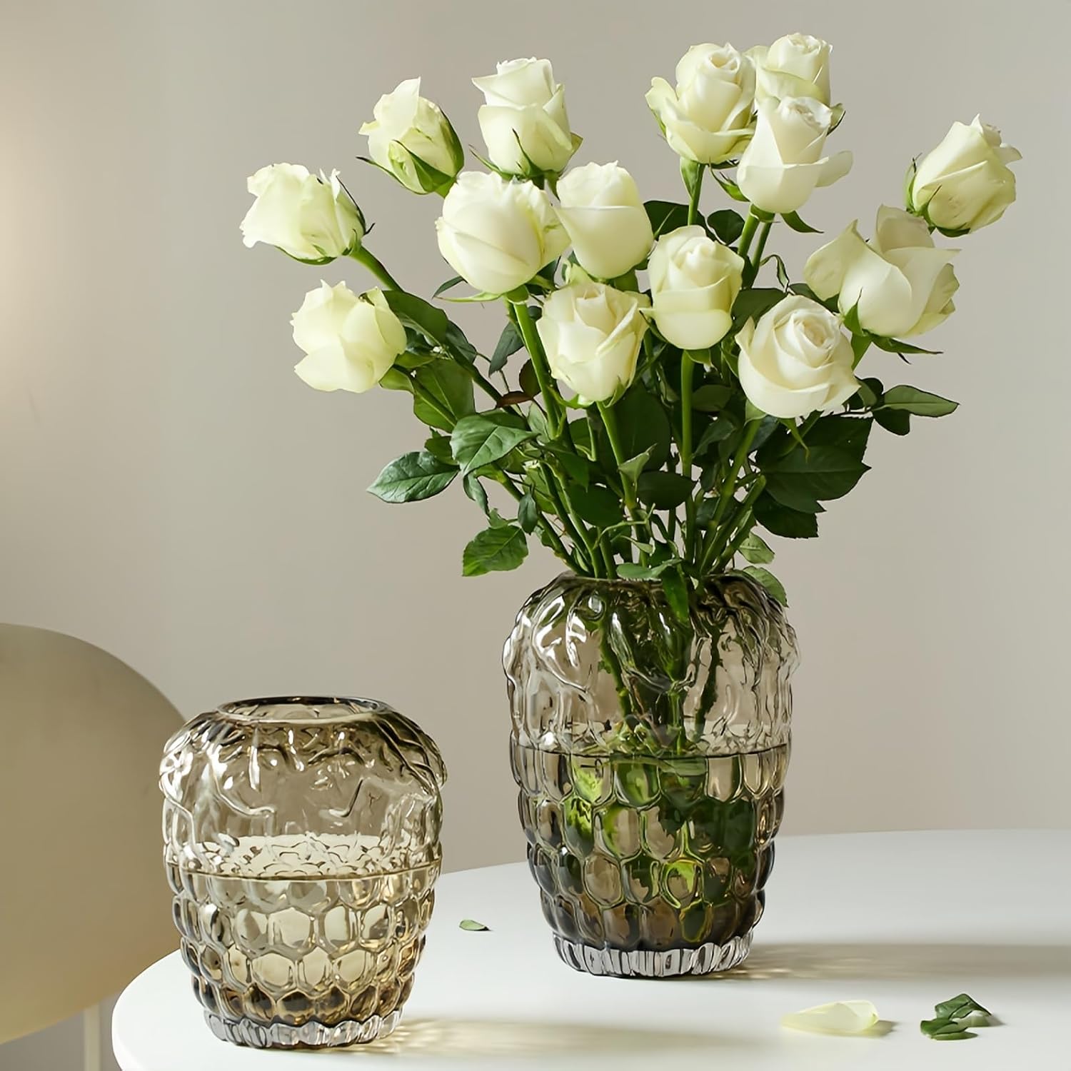 Lvases Amber Bubble Textured Nordic Modern Clear Glass Flower Vase | Minimalist glass vessel for fresh cut floral arrangement, table center decor for living room dining shelf indoor home display