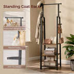 MAHANCRIS Coat Rack Freestanding, Hall Tree with 3-Shelves and 8 Hooks, Industrial Clothes Rack Stand Organizer for Entryway, Bedroom, Bags, Hats, Scarves, Rustic Brown and Black CRHR14901