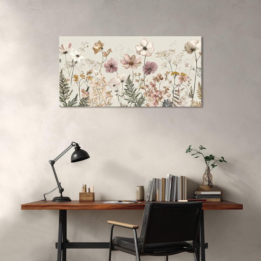 BewDalky Vintage Wildflower Canvas Wall Art Rustic Farmhouse Botanical Floral Landscape Painting Beige Pink Watercolor Meadow Flower Artwork Prints for Bedroom Living Room Aesthetic Home Decor 12"x24"