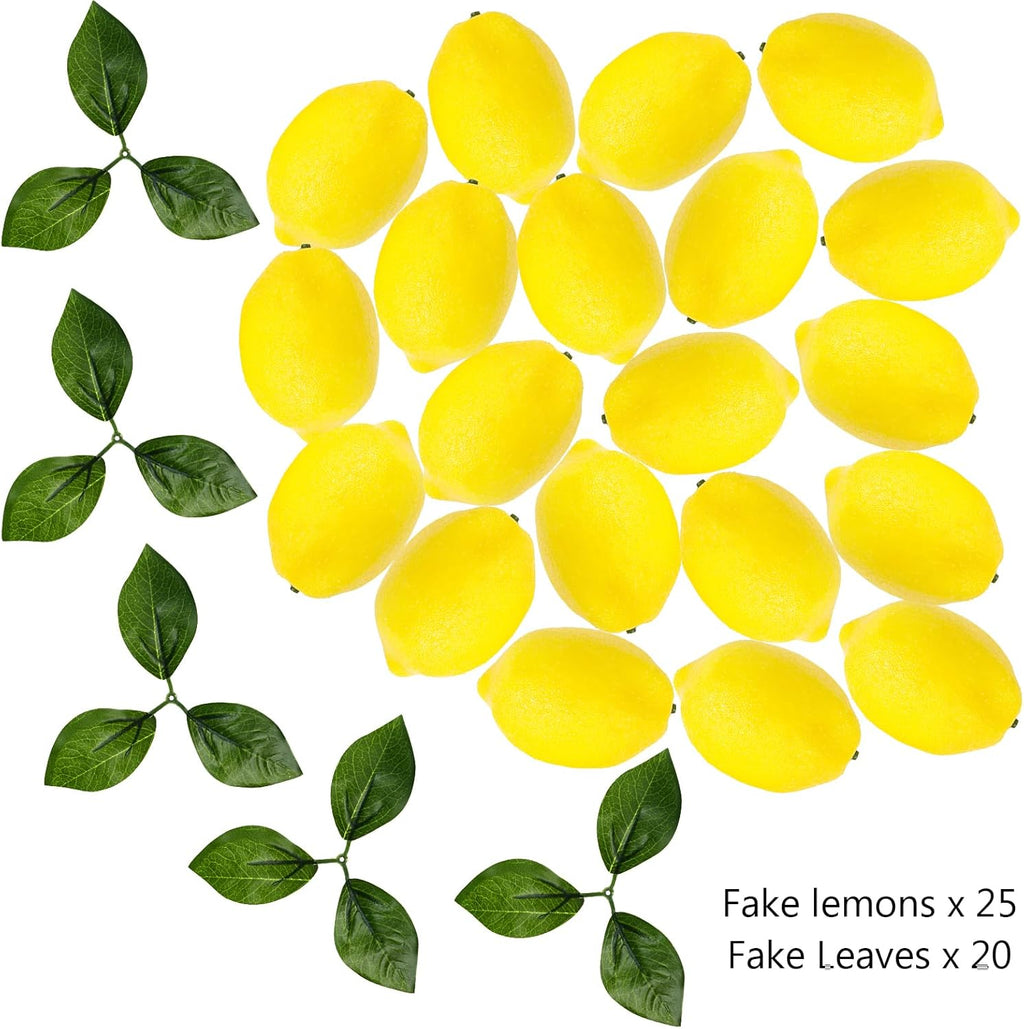 STEFORD 25 Pcs Fake Lemons Artificial Fruits with 20 Pcs Leaves, Faux Yellow Lifelike Simulation Lemons Decor Realistic Lemon Fruits for Home Kitchen Table Cabinet Summer Party Photography Props