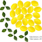STEFORD 25 Pcs Fake Lemons Artificial Fruits with 20 Pcs Leaves, Faux Yellow Lifelike Simulation Lemons Decor Realistic Lemon Fruits for Home Kitchen Table Cabinet Summer Party Photography Props