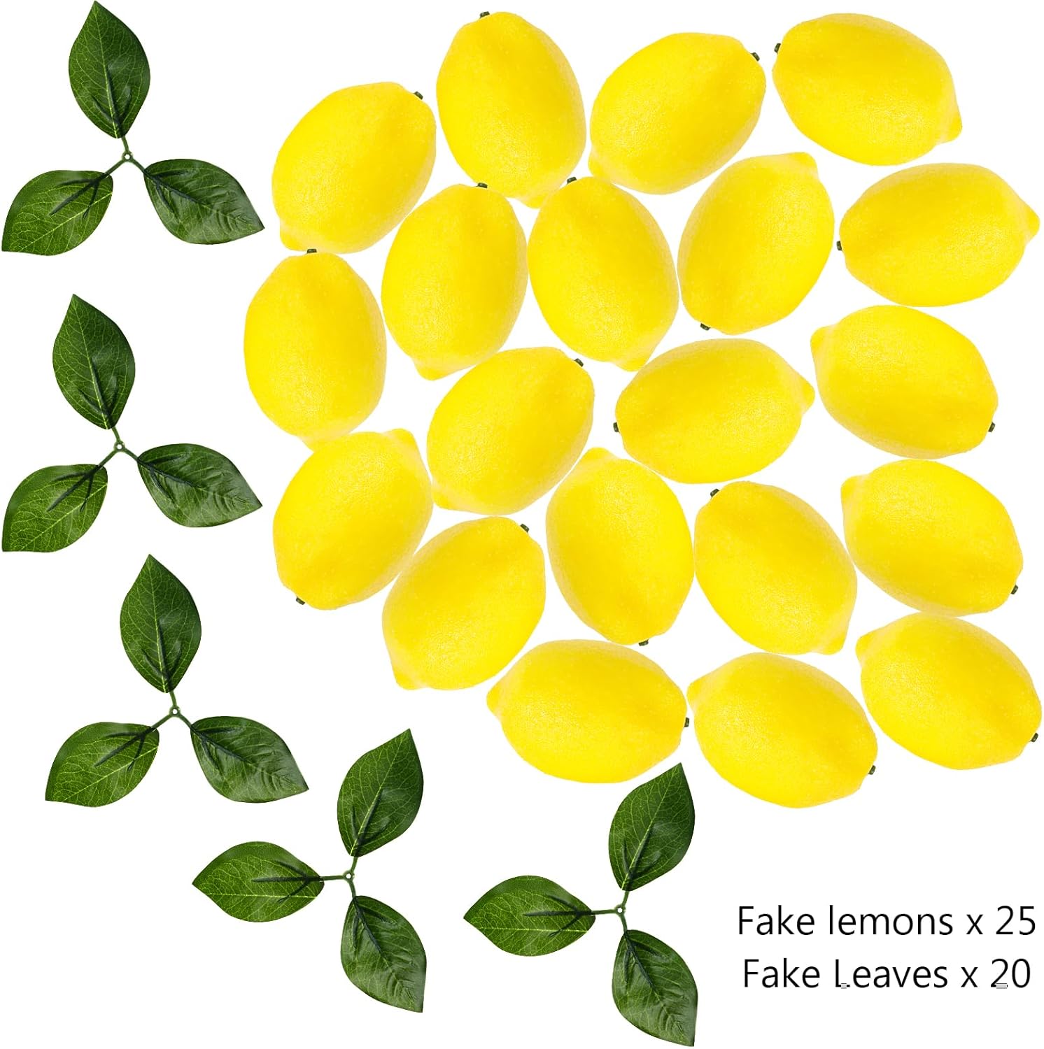 STEFORD 25 Pcs Fake Lemons Artificial Fruits with 20 Pcs Leaves, Faux Yellow Lifelike Simulation Lemons Decor Realistic Lemon Fruits for Home Kitchen Table Cabinet Summer Party Photography Props