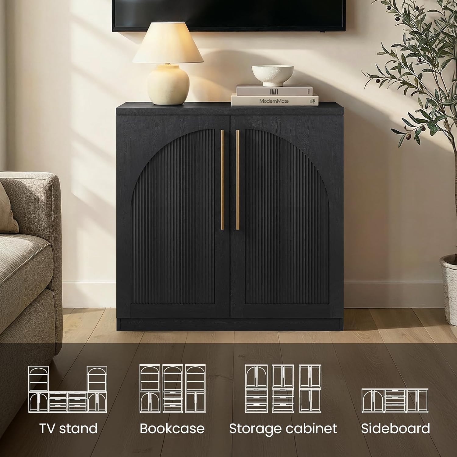 ModernMate Arched Sideboard Cabinet, Black Wood Grain Buffet Table with Wave-Panel Doors and Soft-Close Hinges, 31" Modular Storage Credenza for Entryway, Hallway & Living Room