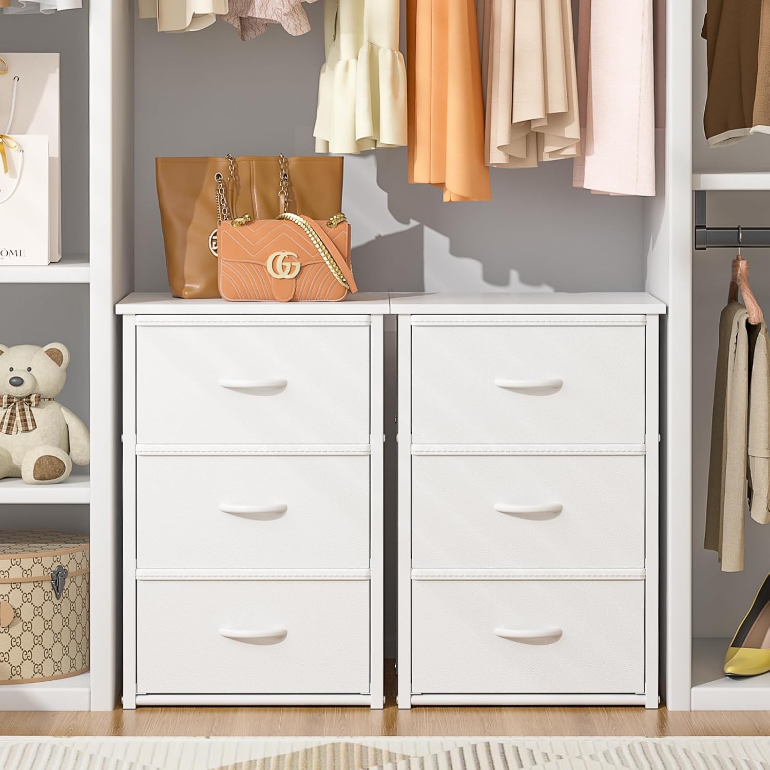DAOUTIME Stackable Storage Drawers, 3 Drawers for Closet Clothes, White Closet Organizer with Wooden Top & Metal Frame, Freestanding or Stackable Dresser for Bedroom, Living Room