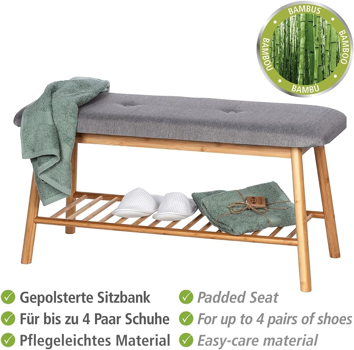 WENKO Entryway Bench with Shoe Storage, Shoe Storage Bench, Shoe Bench with Padded Seat, Bamboo Shoe Rack, Shoe Shelf, Grey, 90 x 45 x 34 cm