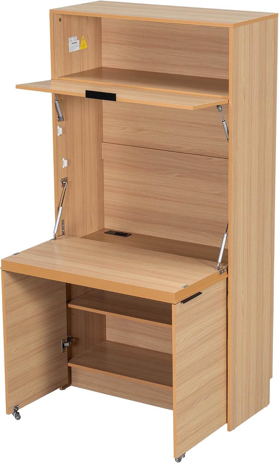 69'' Tall Kitchen Pantry Cabinet with Foldable Workstation, Kitchen Food Pantry Hutch with Adjustable Shelf, Folding Secretary Desk with Storage Hutch for Living Room, Dining Room (Natural)