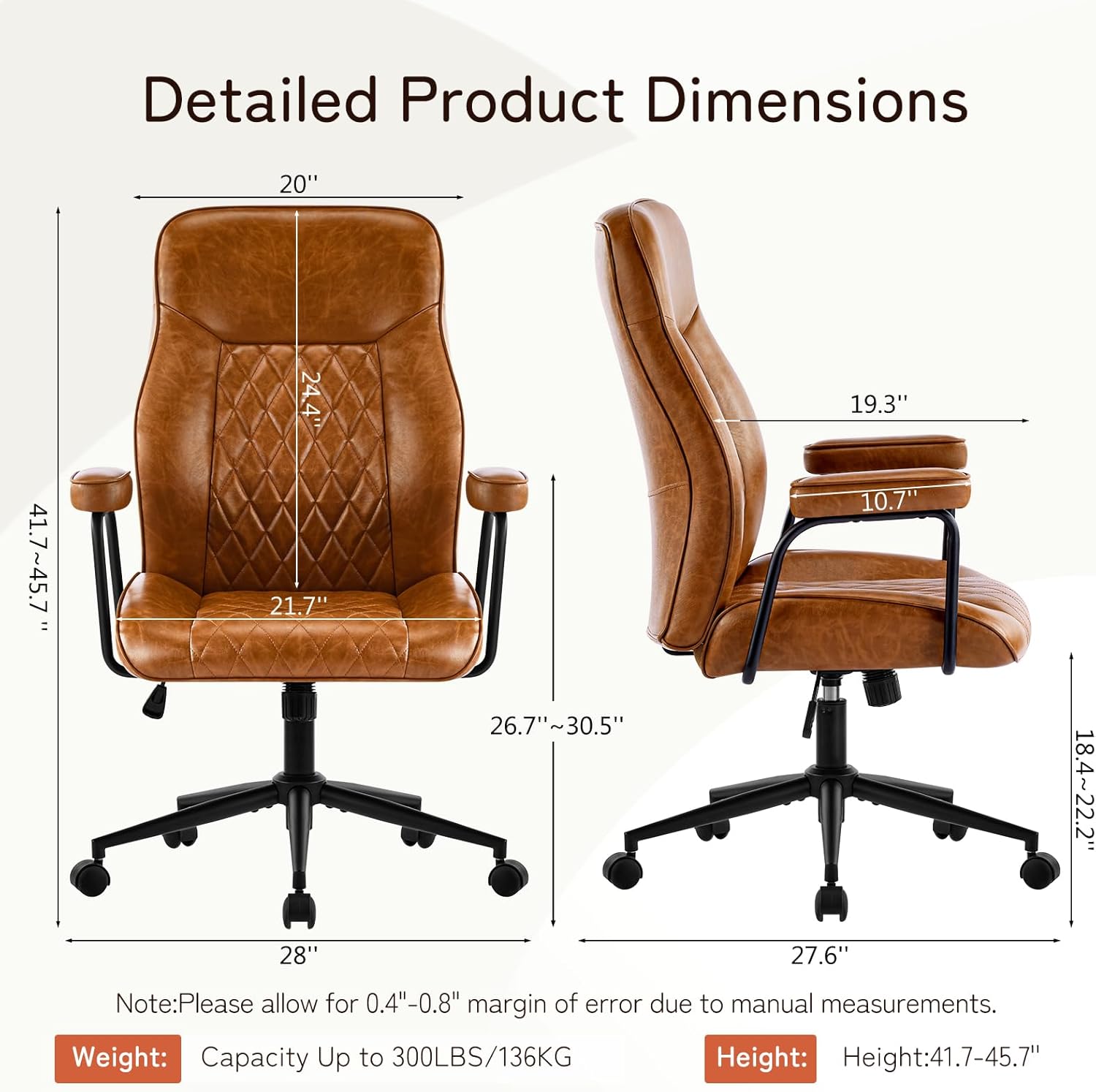 Furniliving Leather Office Chair, Comfy Home Office Desk Chair, Mid Century Modern Office Chair with Lumbar Support, Mid-Back Adjustable Swivel Computer Chair with Wheels and Arms, Brown
