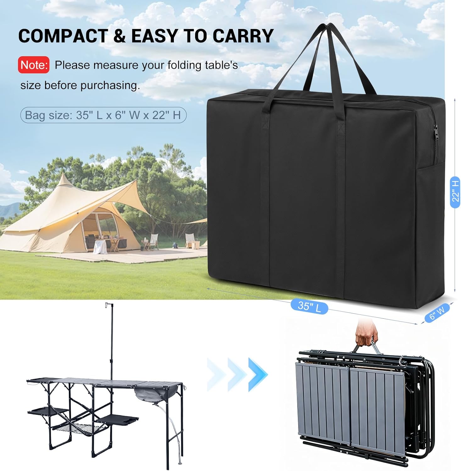 Folding Camping Kitchen Table Storage Bag for GCI Outdoor - 600D Waterproof Cook Station Carry Bag for Folding Picnic/Camp Tables with Durable Zipper, Foldable Table Carry Cover, 35 L x 6" W x 22" H