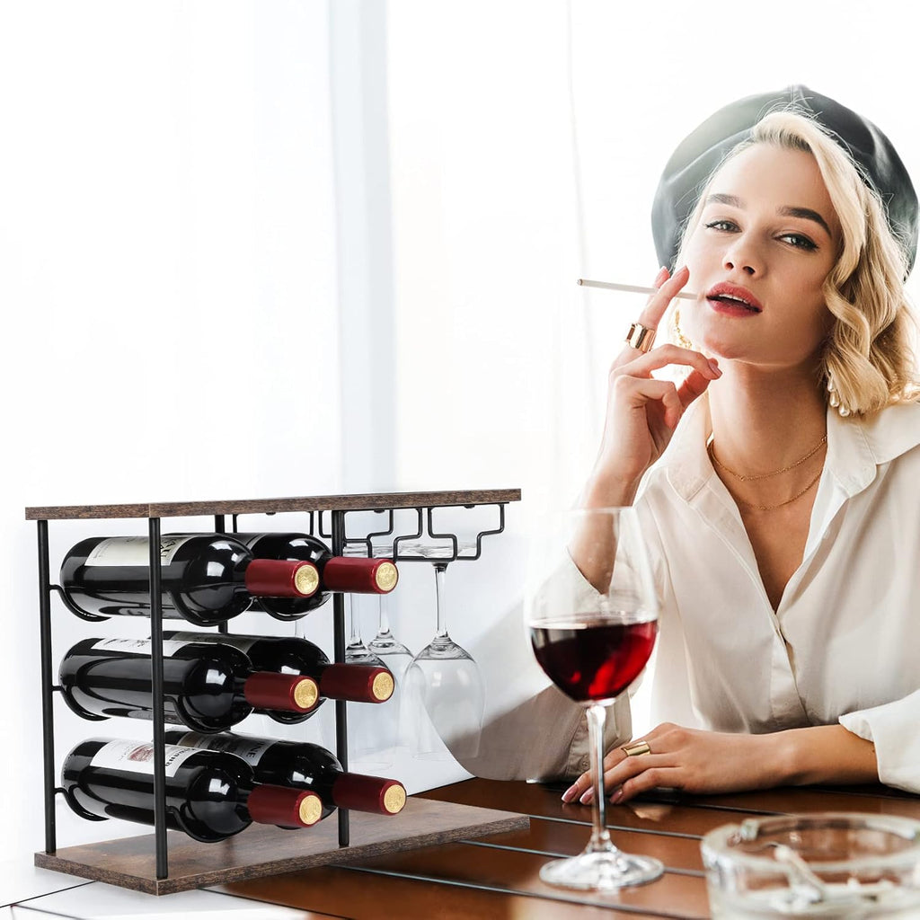 MOOACE Countertop Wine Rack, Wine Bottle Rack with Glass Holder | Freestanding, Holds 6 Bottles and 4 Glasses, For Home Bar Tabletop Kitchen Cabinet, Wood & Metal