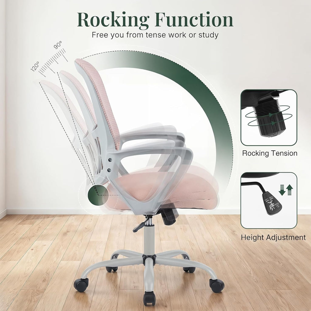 Home Office Desk Chair, Ergonomic Mid-Back Mesh Computer Chair with Comfortable Lumbar Support, Height Adjustable Swivel Task Chair with Fixed Armrest for Adults, Student, Pink