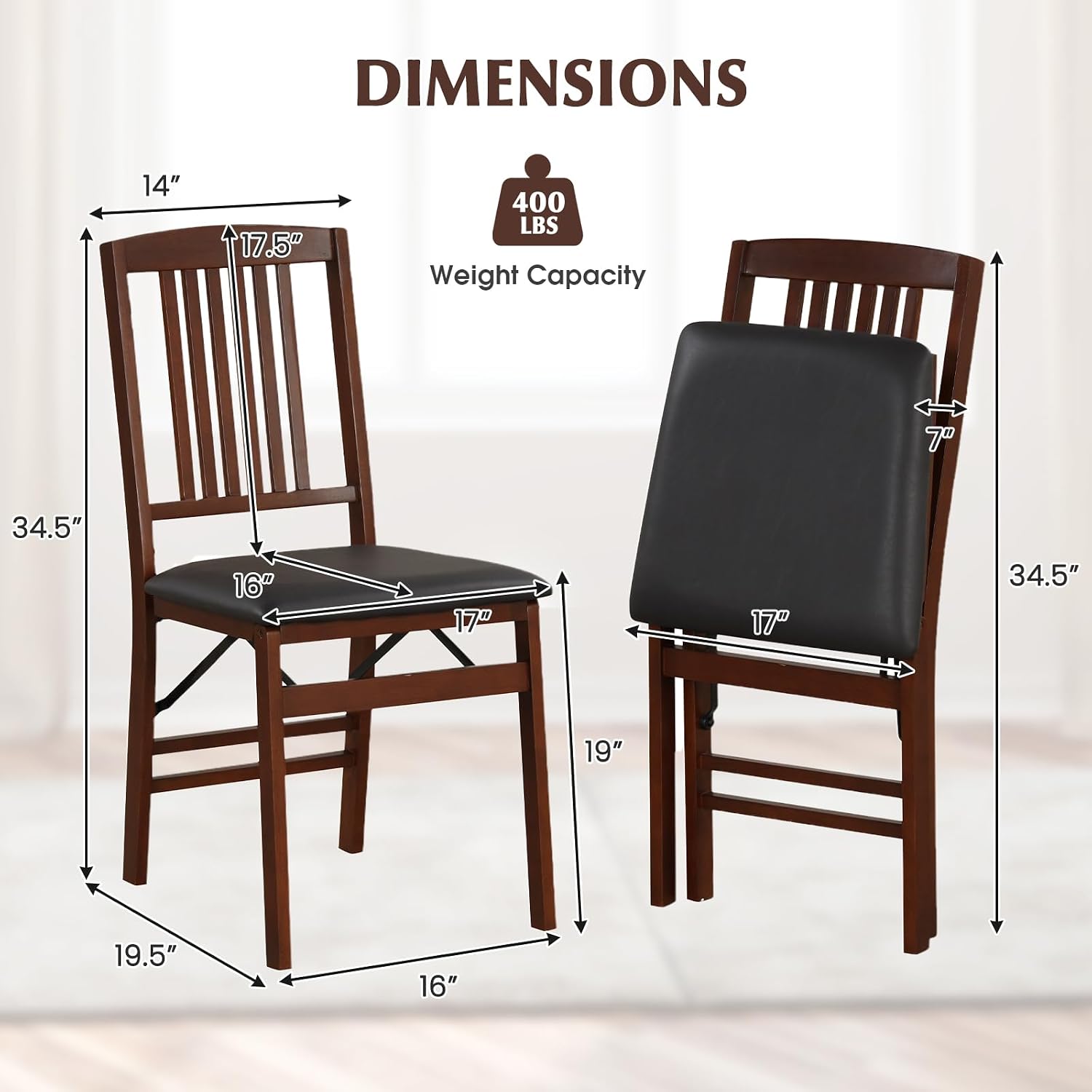 COSTWAY Folding Dining Chairs Set of 2, Wooden Kitchen Side Chairs w/Padded Seat, Solid Wood Frame, 400 LBS Load Bearing, No Assembly Needed, Vintage Foldable Chairs for Dining Room, Living Room