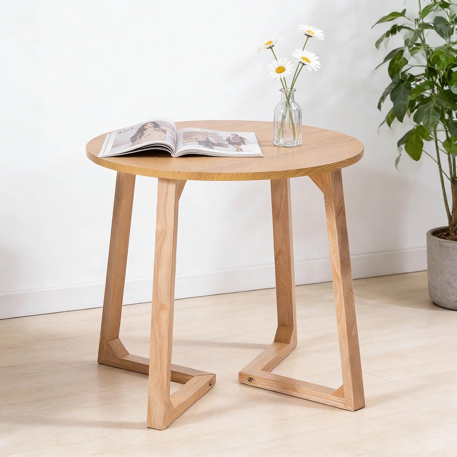 24" Round Side Table - Mid-Century Modern End Table with V-Shaped Legs, Solid Rubber Wood Top, Small Coffee Table for Living Room, Nightstand for Bedroom, Natural Finish