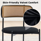 Rattan Dining Chairs Set of 2, Velvet Mid-Century Modern Upholstered Dining Chairs with Woven Cane Backrest, Black Kitchen Dining Room Chairs