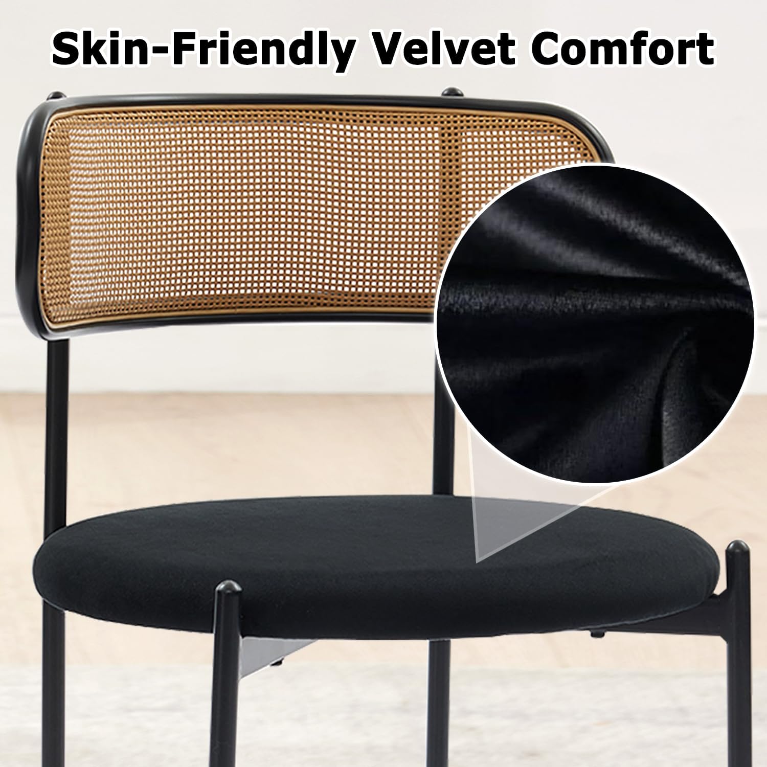 Rattan Dining Chairs Set of 2, Velvet Mid-Century Modern Upholstered Dining Chairs with Woven Cane Backrest, Black Kitchen Dining Room Chairs