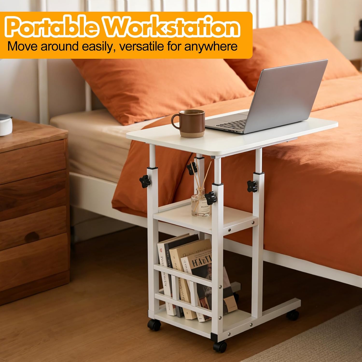 Adjustable C Table,Over Bed Table with Wheels,Rolling Side Table, Over Bed Table with Wheels, Bedside Table, for Sofa Side Small Space, Stable Multi Storage Desk (White)