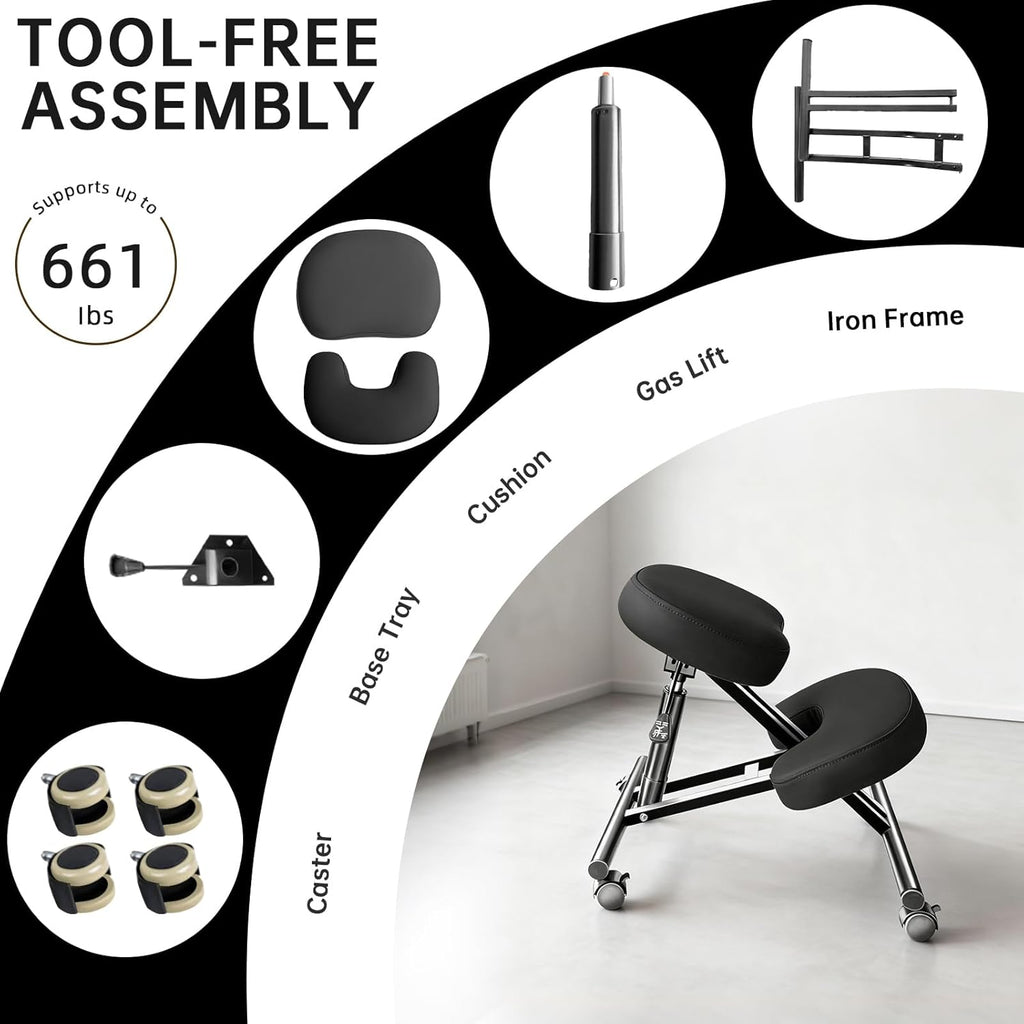 PU Leather Ergonomic Kneeling Chair, Adjustable Home and Office Stool with Thick Pads and Flexible Lockable Brake Wheels for Back Pain Relief (Black)