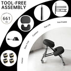 PU Leather Ergonomic Kneeling Chair, Adjustable Home and Office Stool with Thick Pads and Flexible Lockable Brake Wheels for Back Pain Relief (Black)