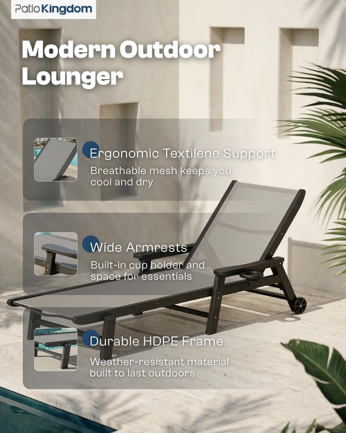 HDPE 5 Positions Chaise Lounge Outdoor Set of 2 with Wheels, Grey Textilene Fabric Pool Lounge Chairs for Patio, Deck, Beach (Grey Frame)
