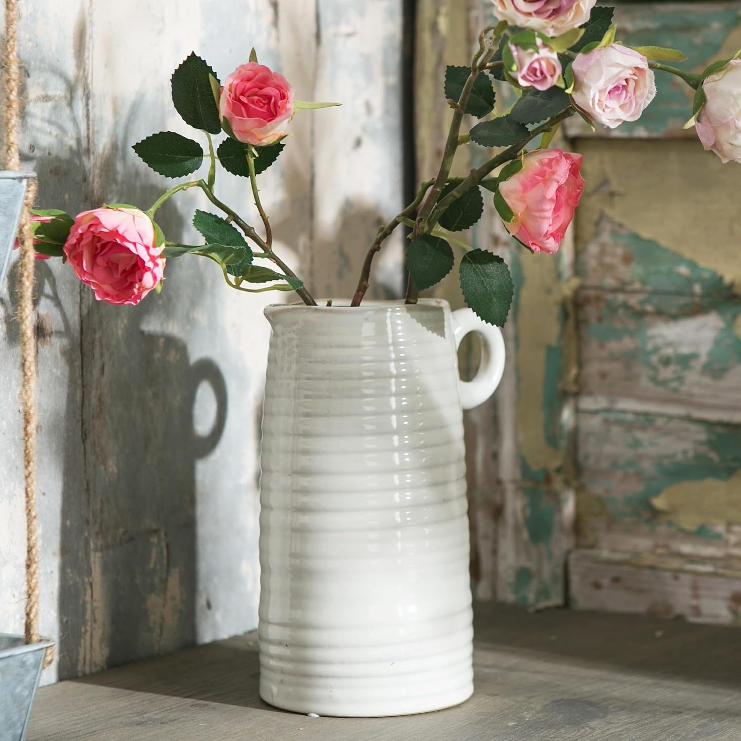 Kimdio White Ceramic Vase with Handle, Modern Farmhouse Pitcher Vases for Home Decor, Rustic Texture Pottery Vase, Decorative Flower Vase, Clay Vase, Centerpieces for for Living Room