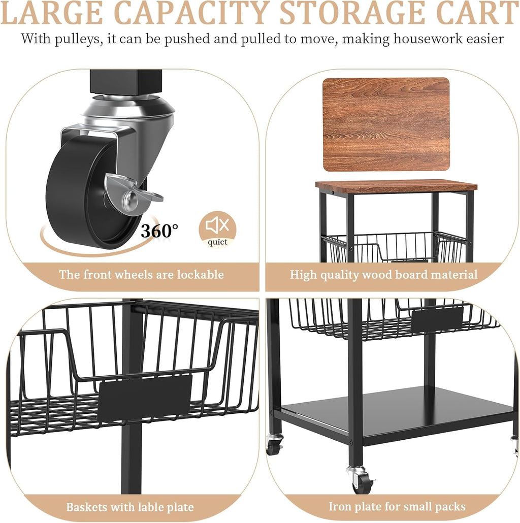 Hastatii Kitchen Storage Cart, Kitchen Basket, 5-Tier Utility Organizer with Baskets and Wood Top, Rolling Snack Cart with Wheels, Metal Black