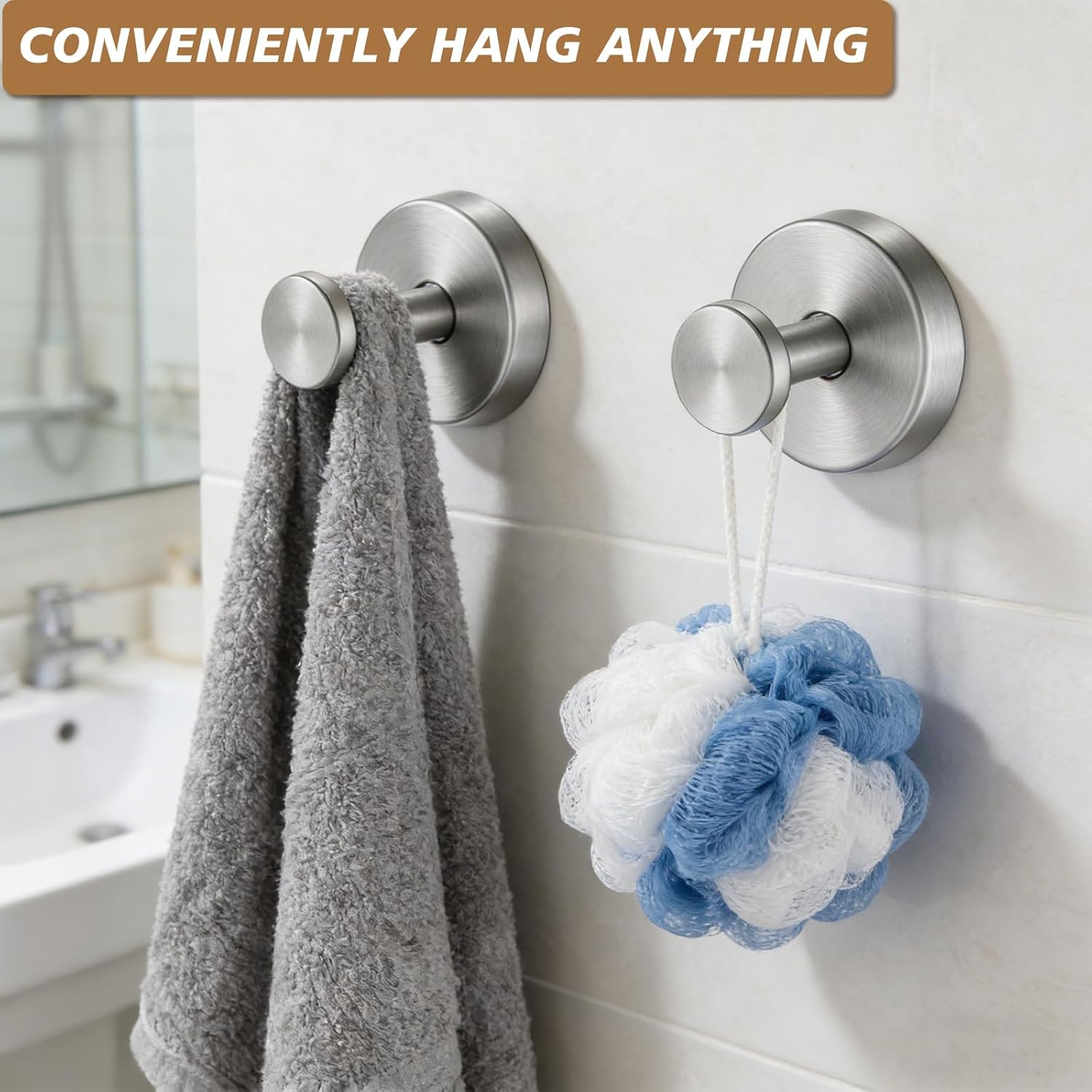 Suction Cup Hooks, Removable Shower Hooks, 4-Pack, Brushed Nickel | No Wall Damage | Strong Hold on Tile, Mirrors & Glass | Bathroom & Kitchen Use | Perfect for Towels, Loofahs, Robes & Coats