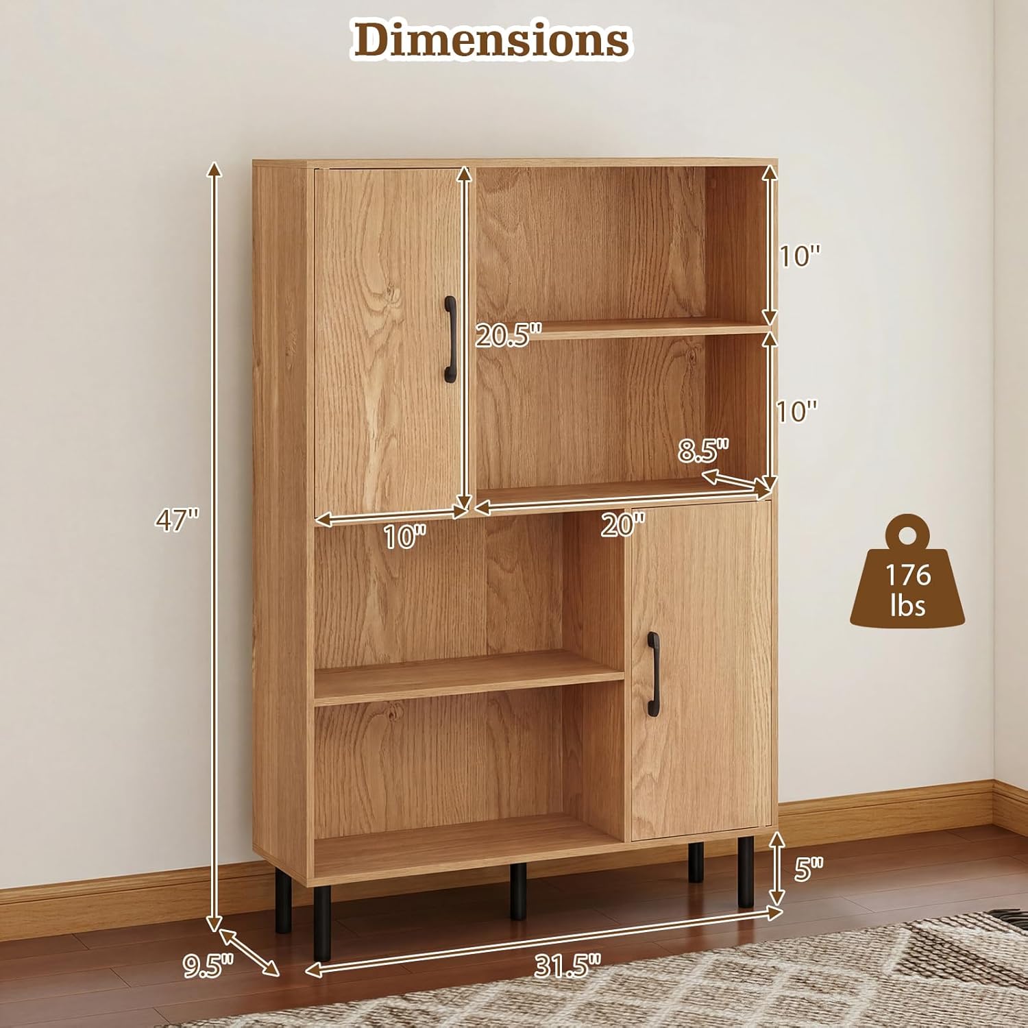Giantex 47-Inches Storage Cabinet with Doors, Open Shelves, Anti-Tipping Device, 4-Tier Bookcase for Books & Photos, Tall Cupboard, Floor Cabinet for Living Room, Kitchen Buffet Sideboard (Natural)