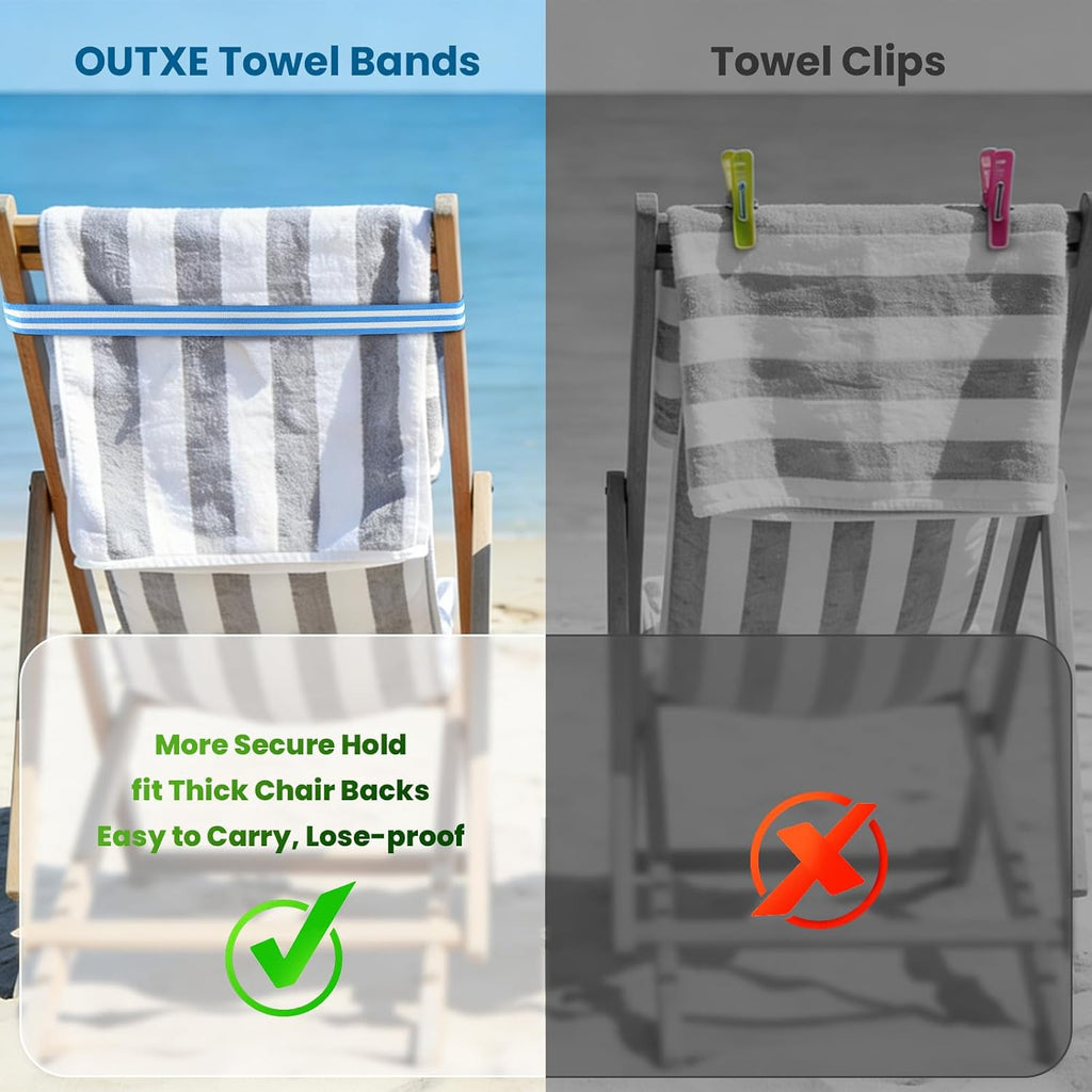 OUTXE Towel Bands, 2026 Upgrade Straps for Beach | Cruise Chair Lounge | Towels Holder | Pool Bag Essentials Must Haves (4-Pack, Striped Blue+Green+Greige+Hot Pink)
