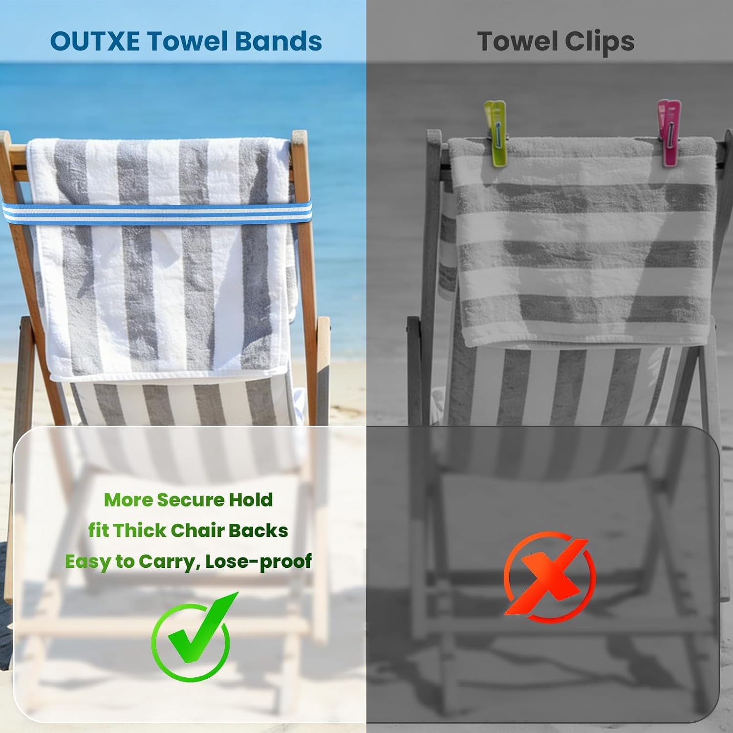 OUTXE Towel Bands, 2026 Upgrade Straps for Beach | Cruise Chair Lounge | Towels Holder | Pool Bag Essentials Must Haves (4-Pack, Striped Blue+Green+Greige+Hot Pink)