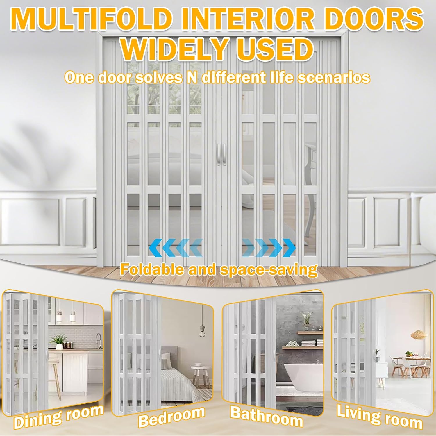 Interior White Accordion Door with Handles & Glass, Multifold Interior Doors for Closet, Wide Retractable Shower Door, Bedroom, Kitchen Room Divider Folding Door, Easy to Install, 73" Wx80 H