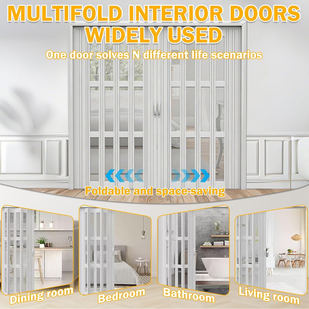 Tall White Sliding Accordion Doors with Handles & Acrylic Glass, Double Magnetic Folding Door, Customizable Size, Folding Double Doors for Closet Bathroom RV Doorway, Easy to Install, 34" Wx90 H