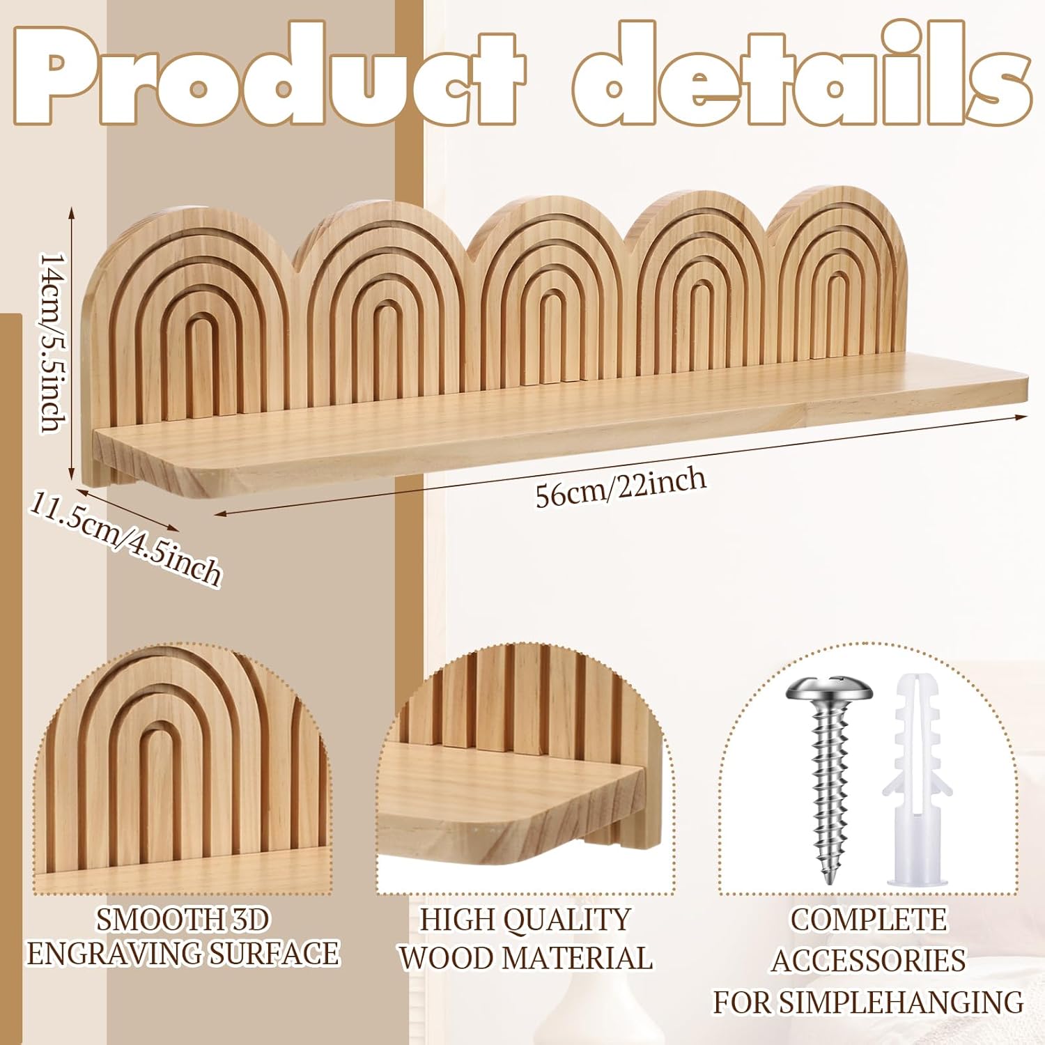 Briwooody Wood Wall Coat Rack/Boho Wall Shelf Mid-Century Modern Wooden Coat Vintage Mount Altar Decor for Bathroom Bedroom Office Nursery Decor Entryway Organize (22 x 5.5 x 4.5 Inch,Wood,1 Pcs)