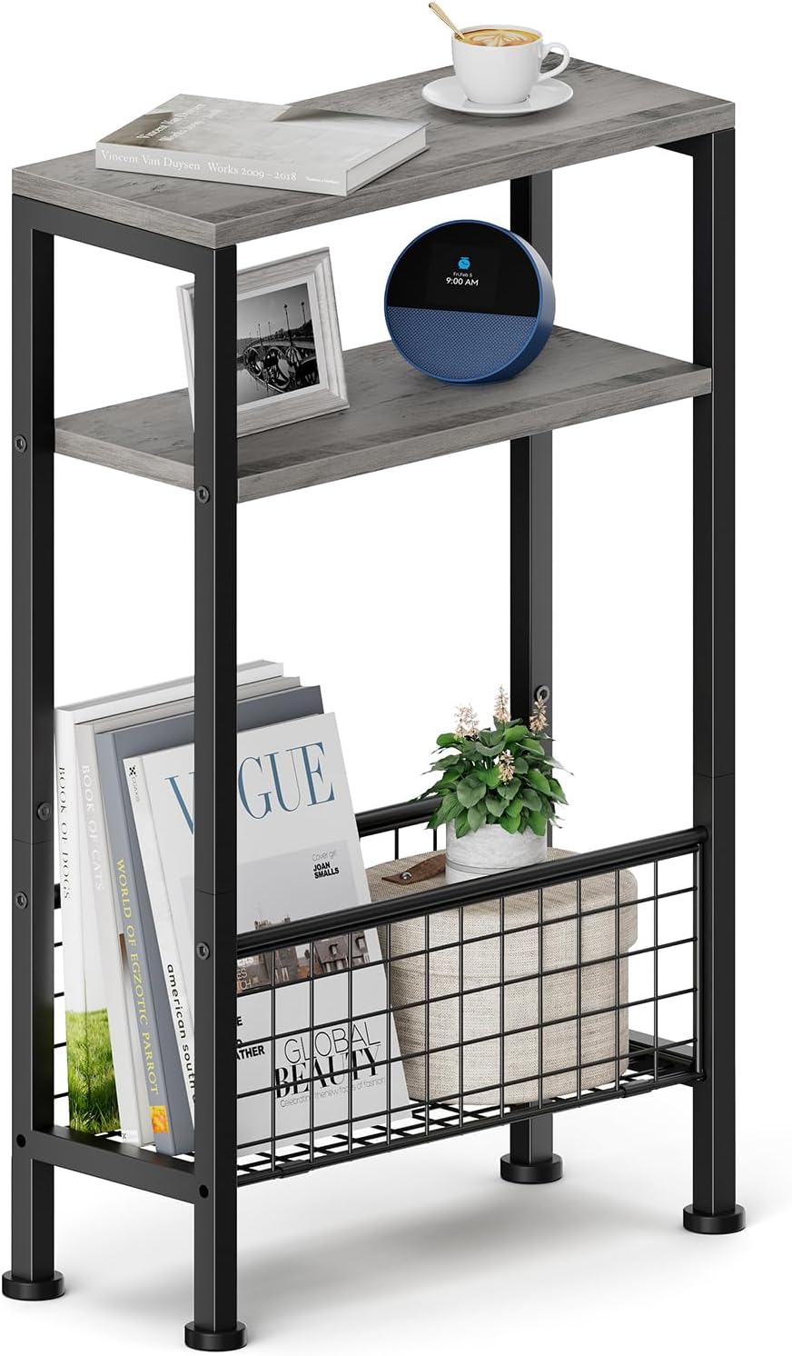 Karii Narrow Side Table, Skinny End Table for Small Spaces with Storage, 3-Tier Slim Wooden Bedside Nightstand Thin Couch Table for Living Room Bedroom Office Dorm Kitchen Bathroom (1, Gray)