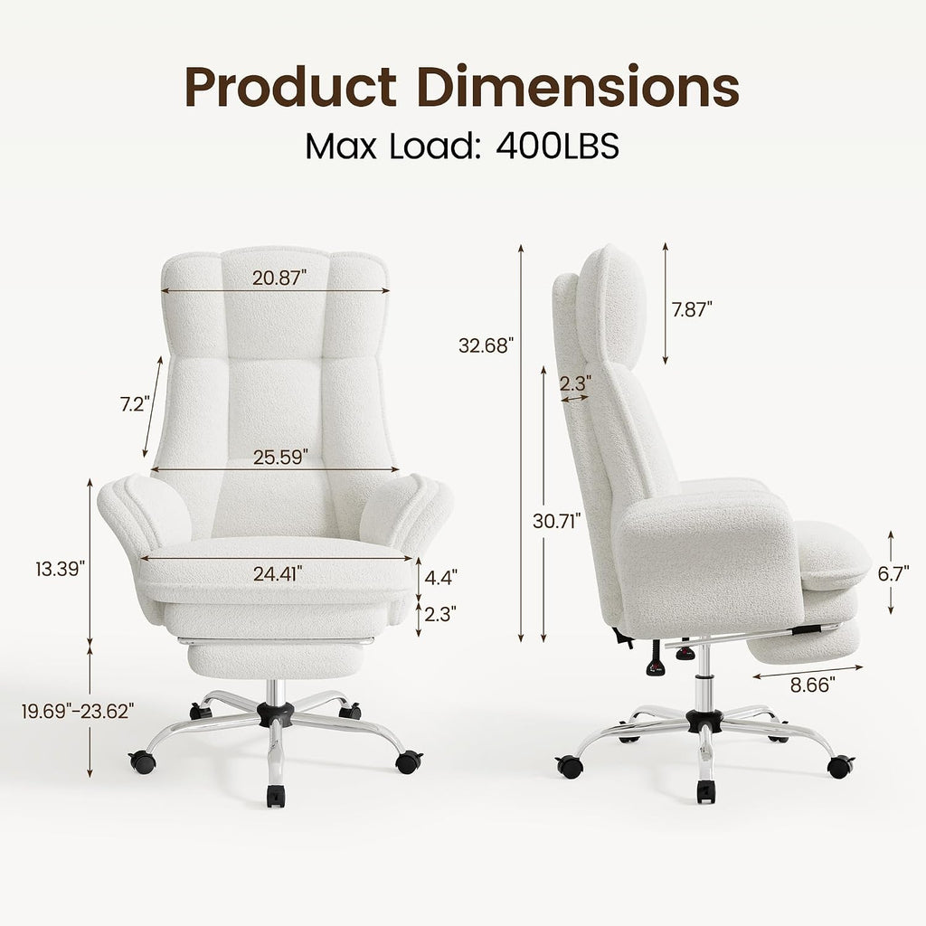 Criss Cross Office Chair with Flip Armrests, Big and Tall Criss Cross Chair with 6.7″ Plush Seat & Footrest, 135° Reclining Cross Legged Office Chair, Sherpa Fleece,White