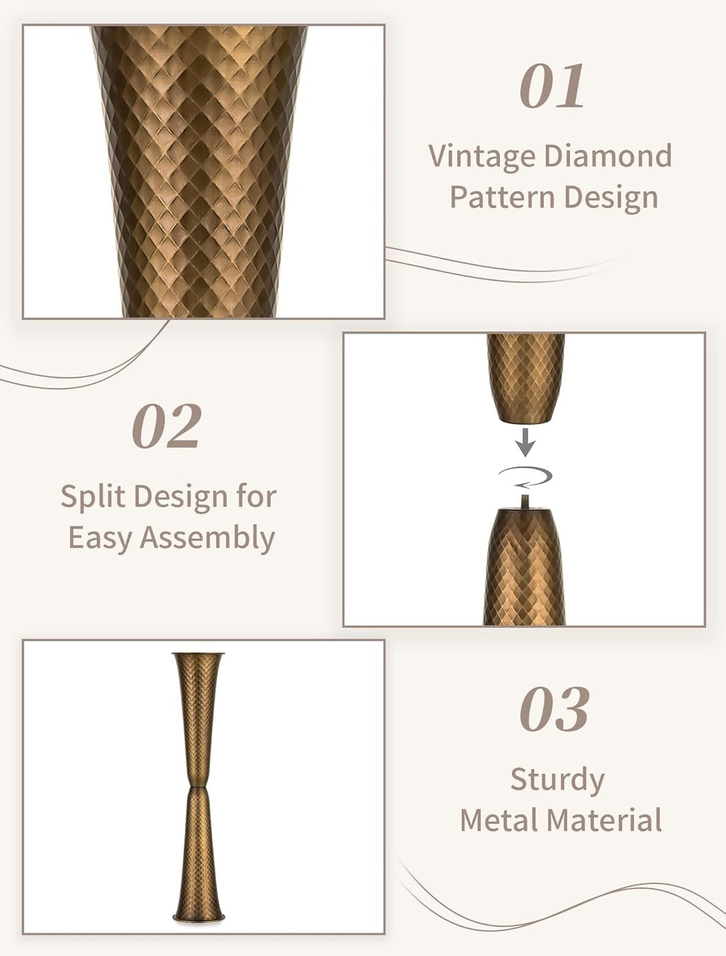 Sziqiqi Gold Tall Floor Vase: 29.5in Bronze Metal Large Vase with Grid Texture - Decorative Floor Vases for Fireplace Living Room Modern Big Standing Holder for Dining Bedroom Home Decor Corner